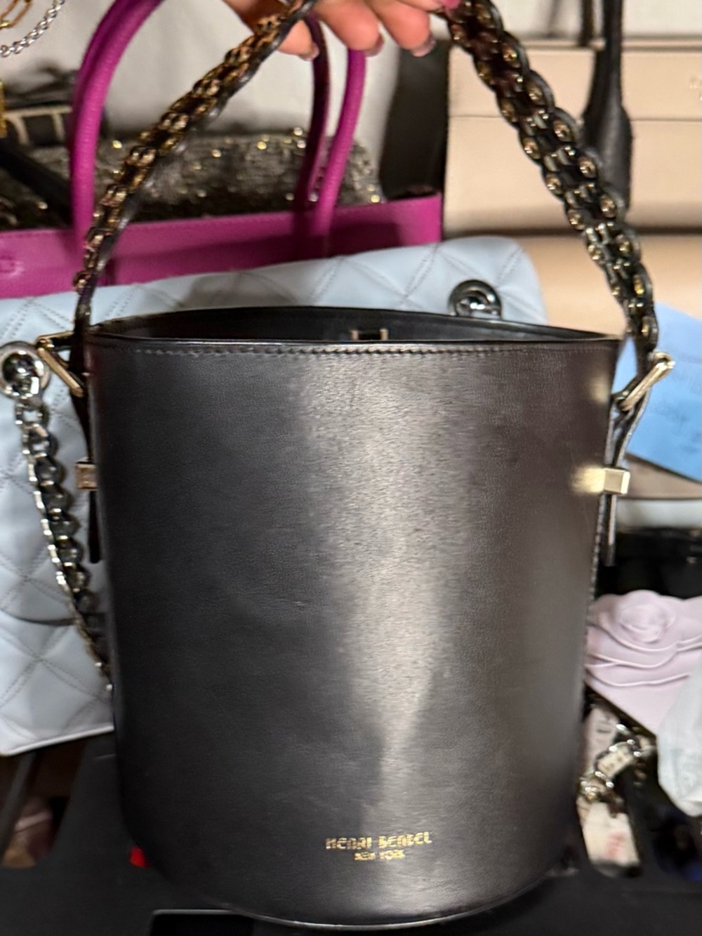 henri bendel Black Leather Bucket Bag with Top Handle and crossbody strap